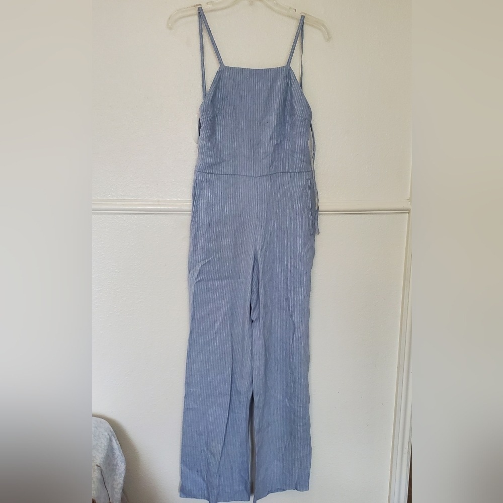 Club Monaco Blue White Pinstripe Linen Blend Wide Leg Jumpsuit Size 0